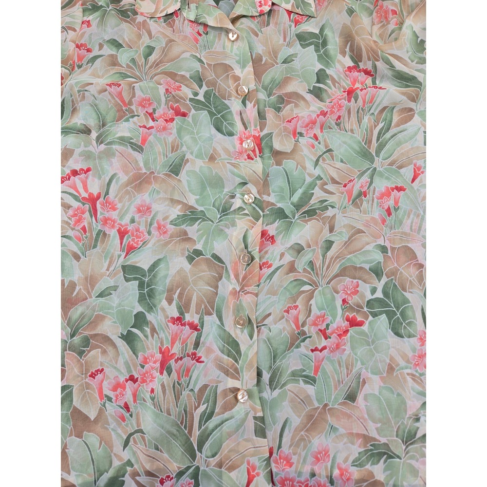BonWorth Womens Large Tropical Floral Sheer Button Down Blouse Green Coral 25380 - Picture 7 of 9